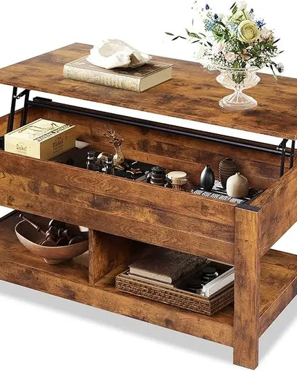 WLIVE Coffee Table, 47" Lift Top Coffee Table with Hidden Compartment and 2 Storage Shelves for Living Room, Rustic Brown - LeafyLoom