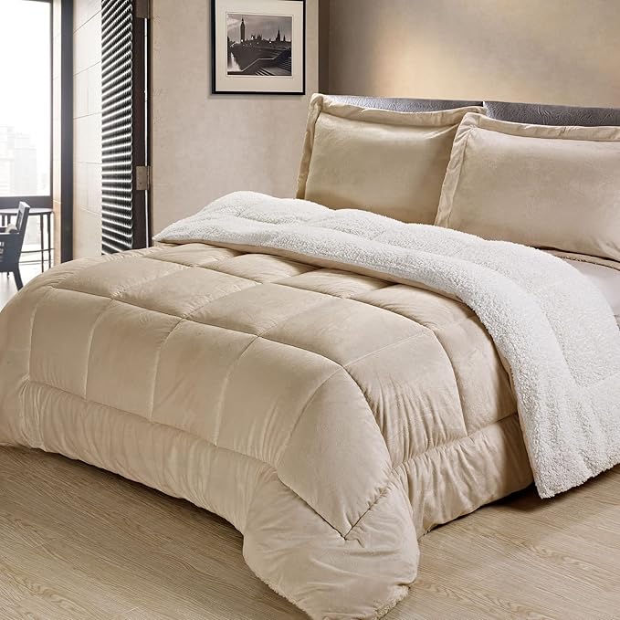 Cathay Home Bedding Sets: Ultra Soft and Plush Reversible Micromink and Sherpa 3-Piece Comforter Set, Camel, King (102" x 90") - LeafyLoom