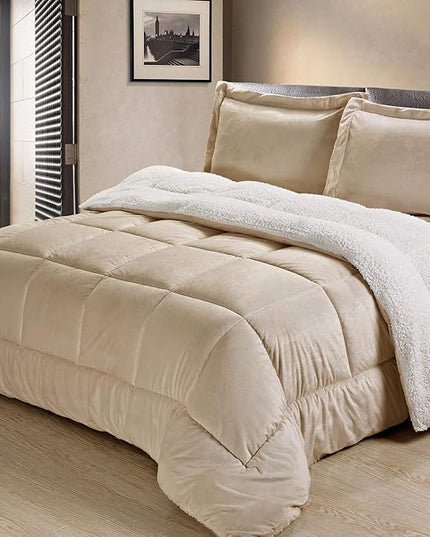 Cathay Home Bedding Sets: Ultra Soft and Plush Reversible Micromink and Sherpa 3-Piece Comforter Set, Camel, Queen (90" x 90") - LeafyLoom