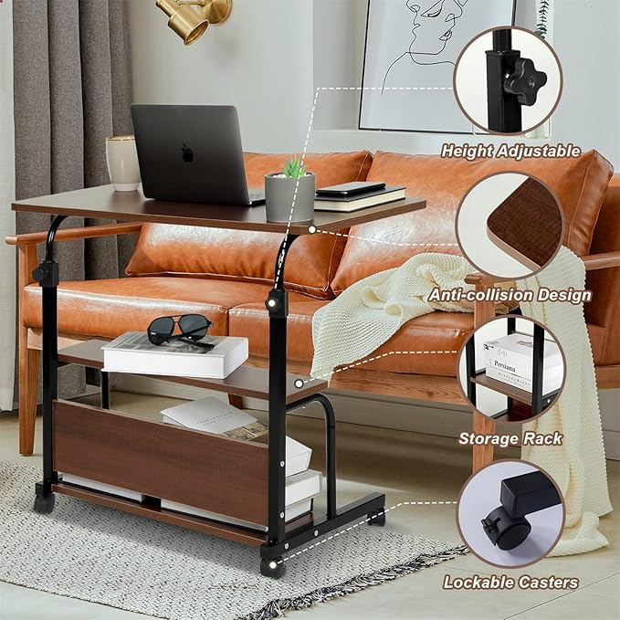 Portable Rolling Desk Adjustable Laptop Desk Small Standing Desk Home Office Desks for Small Spaces Table, 31.5" Brown Uplift Study Desk Mobile Computer Work Desk on Wheels - LeafyLoom