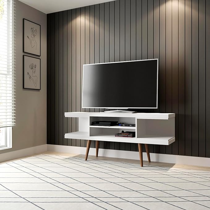 Manhattan Comfort Utopia 53.14" Freestanding Entertainment Center for Living Room, Mid Century Modern TV Stand with Shelves, Storage and Media Holes, Fits 50" Screens, 53.14 Inches, White - LeafyLoom