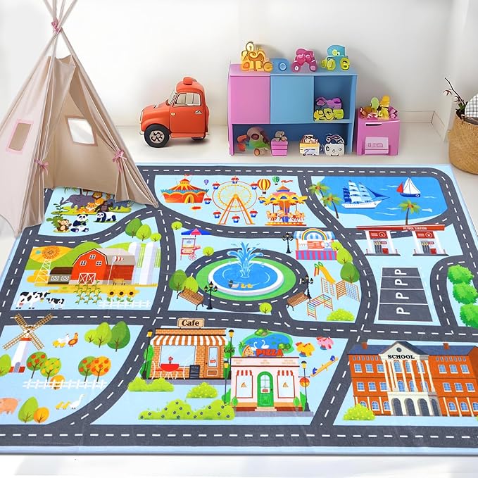 HEBE Kids Play Rug 4'x6' ABC Alphabet Numbers Shapes Educational Kid Area Rug Washable Baby Crawling Mat Non Slip Kid Play Mat Carpet for Girl Boy Bedroom Playroom - LeafyLoom