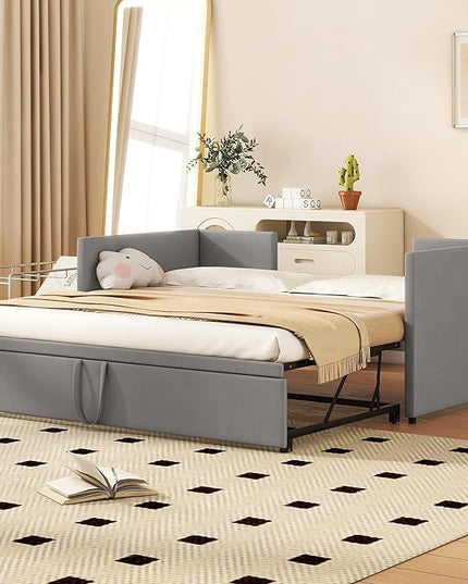 Bellemave Twin Size Upholstered Daybed with Pop up Trundle,Velvet Twin Daybed Frame,Twin to King Daybed,Day bed with Trundle Bed Twin,Tufted Sofa Bed Daybed,Bedroom,Living Room,Guest Room(Gray) - LeafyLoom
