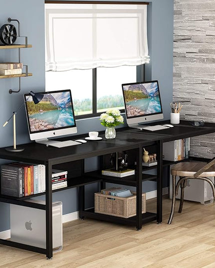 Tribesigns Two Person Desk with Bookshelf, 78.7 Computer Office Double Desk for Two Person, Rustic Writing Desk Workstation with Shelf for Home Office (Black) - LeafyLoom