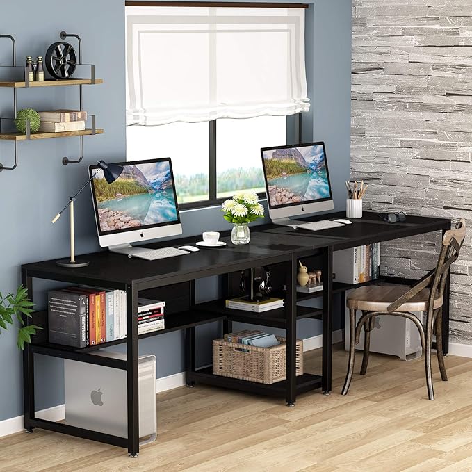 Tribesigns Two Person Desk with Bookshelf, 78.7 Computer Office Double Desk for Two Person, Rustic Writing Desk Workstation with Shelf for Home Office (Black) - LeafyLoom