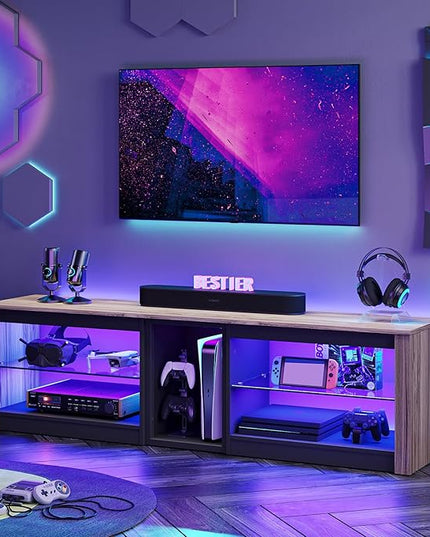 Bestier TV Stand for 70 inch TV, Gaming Entertainment Center for PS5, LED TV Cabinet with Glass Shelves for Living Room, 63'' Inch, Pinewood - LeafyLoom