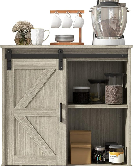 Panana Sliding Barn Door Buffet Sideboard Storage Cabinet Coffee Bar Kitchen Farmhouse Style (Oak) - LeafyLoom