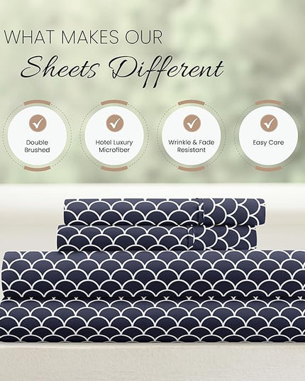 4 Piece California King Bedding Sheet Set (Navy Scallops) - Sleep Better Than Ever with These Ultra-Soft & Cooling Bed Sheets for Your Cal King Size Bed - Deep Pocket Fits 16" Mattress - LeafyLoom