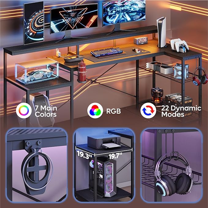 Bestier Gaming Desk with Power Outlet, 71.5 inch LED Computer Desk with Monitor Stand, L Shaped Large Desk with Metal Shelf, Cup Holder & Headset Hooks, Corner Desk for Bedroom 3D Carbon Fiber - LeafyLoom