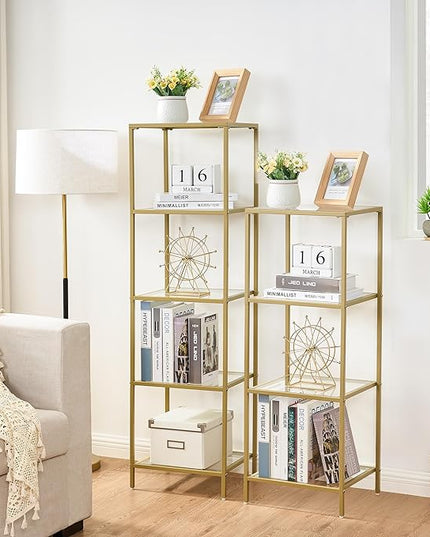 5-Tier Bookshelf,Metal Bookcase,Tempered Glass Shelves,Storage Rack Shelf for Home Office,Living Room,Bedroom, Bathroom,Modern Style,Golden - LeafyLoom