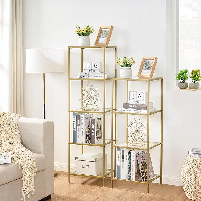 5-Tier Bookshelf,Metal Bookcase,Tempered Glass Shelves,Storage Rack Shelf for Home Office,Living Room,Bedroom, Bathroom,Modern Style,Golden - LeafyLoom