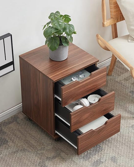 Farini 3-Drawer Vertical Filing Cabinet Rolling Wood Mobile File Cabinets Under Desk for Home Office with Casters (Brown Walnut, Fully Assembled) - LeafyLoom