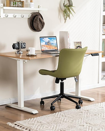 YOUNIKE Armless Office Chair Swivel Desk Chair with Wheels Upholstered Leather Task Computer Chair Adjustable Modern Rolling Gaming Chair Avocado Green Vanity Chair - LeafyLoom