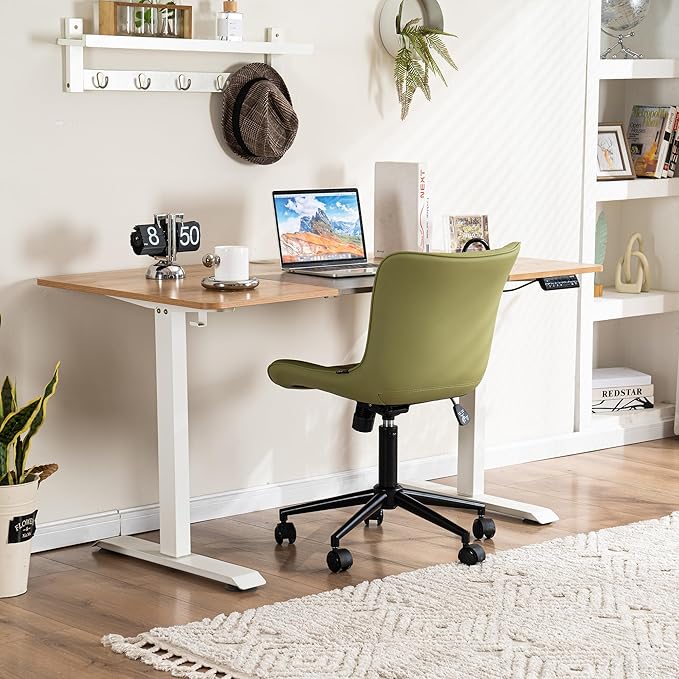 YOUNIKE Armless Office Chair Swivel Desk Chair with Wheels Upholstered Leather Task Computer Chair Adjustable Modern Rolling Gaming Chair Avocado Green Vanity Chair - LeafyLoom