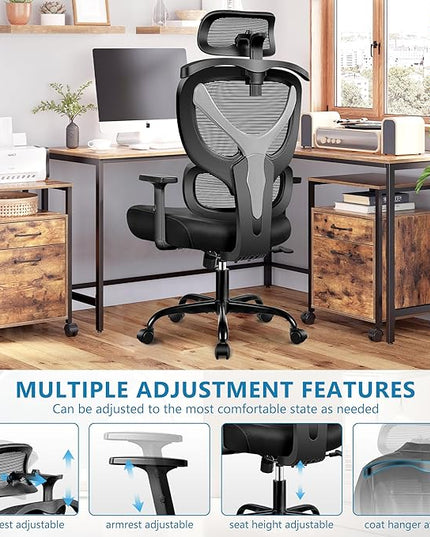 Office Chair Ergonomic Desk Chair Comfy Computer Chair, Big and Tall Home Office Chair with Back Support, Mesh Office Chair High Back Gaming Chair with Adjustable Armrest (Grey) - LeafyLoom