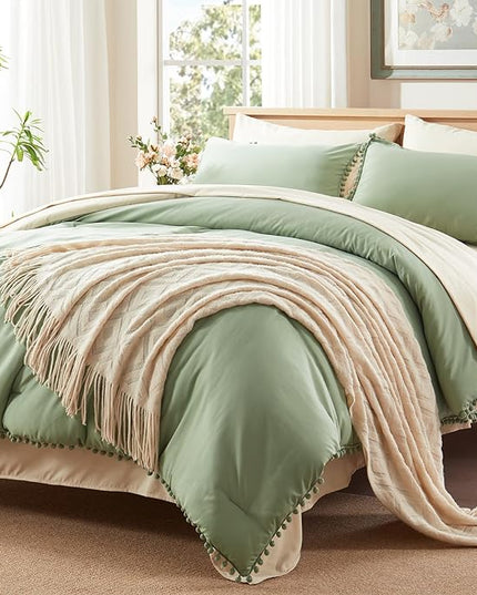 Anluoer Queen Comforter Set 7 Piece, Sage Green Bed in a Bag with Sheets, Pom Pom Boho Bedding Comforter Sets with 1 Comforter, 2 Pillow Shams, 2 Pillowcases, 1 Flat Sheet, 1 Fitted Sheet - LeafyLoom