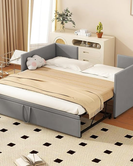 Bellemave Twin Size Upholstered Daybed with Pop up Trundle,Velvet Twin Daybed Frame,Twin to King Daybed,Day bed with Trundle Bed Twin,Tufted Sofa Bed Daybed,Bedroom,Living Room,Guest Room(Gray) - LeafyLoom