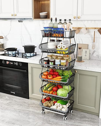 Wisdom Star 6 Tier Fruit Vegetable Basket for Kitchen, Vegetable Bins for Onions and Potatoes, Wire Storage Organizer Utility Cart with Wheels,Bronze - LeafyLoom