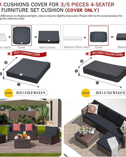 ClawsCover 7Pack Outdoor Seat and Back Cushions Replacement Covers Fit for 3/5 Pieces 4-Seater Wicker Rattan Patio Furniture Conversation Set Sectional Couch,Dark Gray-Large(Include Cover Only) - LeafyLoom