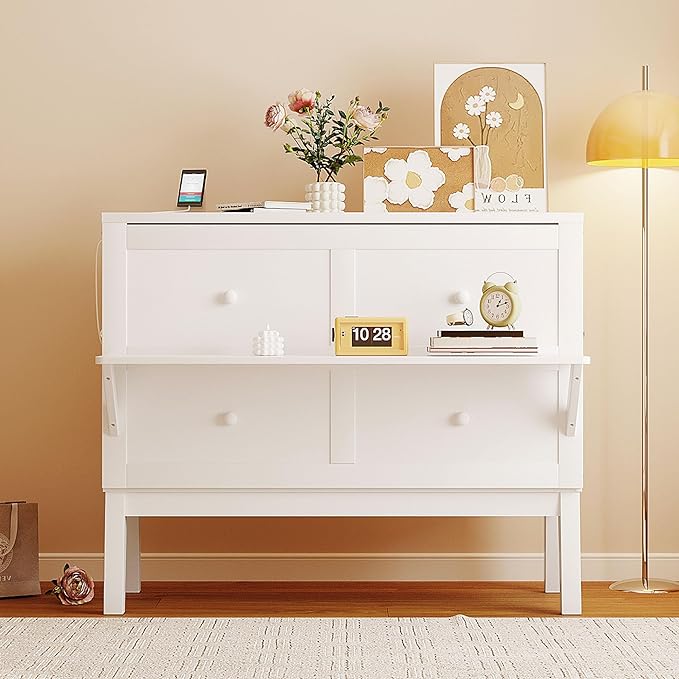 Murphy Bed Full Size with USB Port and Removable Shelves on Each Side, Wooden Platform Bedframe Foldable into Wall Cabinet, Space Saving, for Bedroom Guest Room Office, White - LeafyLoom
