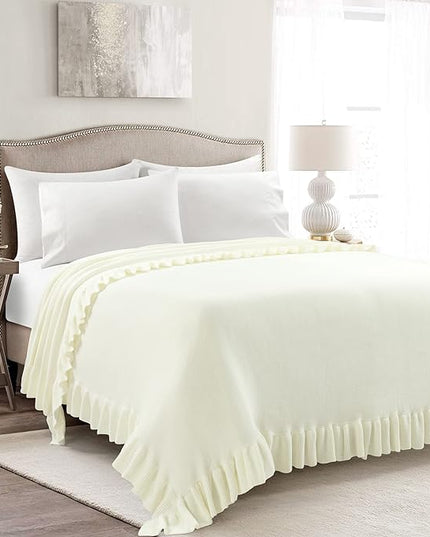 Lush Decor Reyna Soft Knitted Ruffle Throw Blanket, 104" W x 88" L, Ivory - Classic Ruffled Bedding - Knit Blanket - Cozy Oversized Blanket For Bed or Couch - Vintage, Minimalist & Cottage Home Decor - LeafyLoom