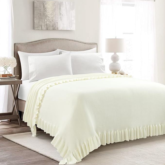 Lush Decor Reyna Soft Knitted Ruffle Throw Blanket, 104" W x 88" L, Ivory - Classic Ruffled Bedding - Knit Blanket - Cozy Oversized Blanket For Bed or Couch - Vintage, Minimalist & Cottage Home Decor - LeafyLoom