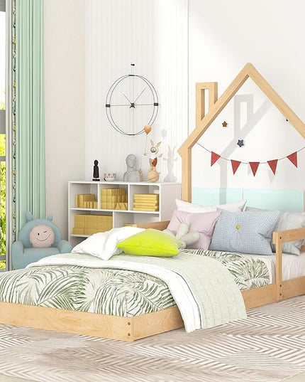 Bellemave Twin Size House-Shaped Headboard Floor Bed for Kids,Montessori Floor Bed with Handrails and Slats,Wood House Bed Twin for Girls,Boys(Twin,Natural) - LeafyLoom