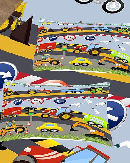 Tailor Shop Construction Vehicle Truck Comforter Set Full Size，Cartoon Excavator Bedding Sets Comforter Cover for Boys Childs Kids Teens ，Tractor Mixer Room Decor with 1 Comforter 2 Pillowcases - LeafyLoom