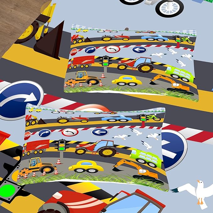 Tailor Shop Construction Vehicle Truck Kids Comforter Set Twin Size，Cartoon Excavator Bedding Sets Comforter Cover for Boys Childs Teens ，Tractor Mixer Room Decor with 1 Comforter 1 Pillowcases… - LeafyLoom