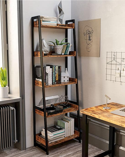 IRONCK Industrial Bookshelf 5-Tier, Bookcase Ladder Shelf, Storage Shelves Rack Shelf Unit, Accent Furniture Metal Frame, Home Office Furniture for Bathroom, Living Room - LeafyLoom