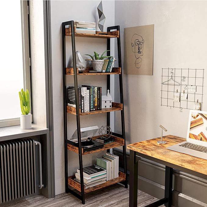 IRONCK Industrial Bookshelf 5-Tier, Bookcase Ladder Shelf, Storage Shelves Rack Shelf Unit, Accent Furniture Metal Frame, Home Office Furniture for Bathroom, Living Room - LeafyLoom