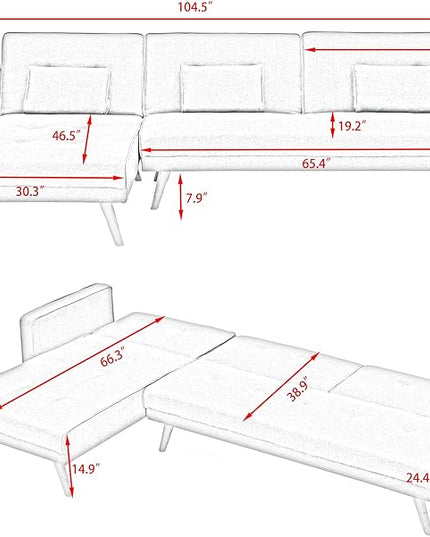 NicBex Sectional Couch Sofa with Folding Function Velvet Sofa Bed Cloud Couch for Living Room Furniture Sets with Adjustable Back, Modular Sofa for Living Room, Bedroom, Apartment,104.5" L, Gray - LeafyLoom