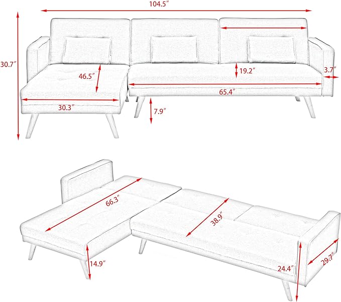 NicBex Sectional Couch Sofa with Folding Function Velvet Sofa Bed Cloud Couch for Living Room Furniture Sets with Adjustable Back, Modular Sofa for Living Room, Bedroom, Apartment,104.5" L, Gray - LeafyLoom