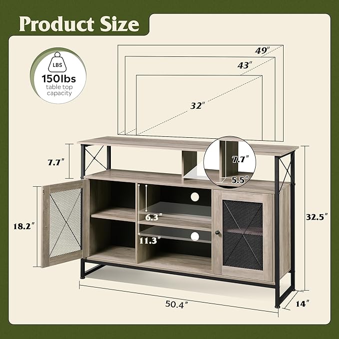 WLIVE TV Stand 55 inch TV,Tall Entertainment Center with Storage, Farmhouse Industrial TV Console for Bedroom Living Room, Greige - LeafyLoom