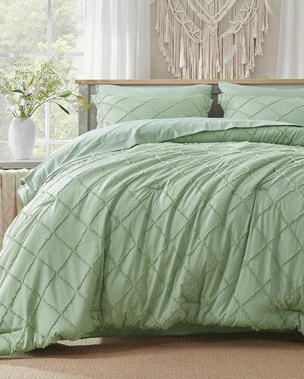 Boho Sage Green Comforter Set with Jacquard Tufted Design,Farmhouse Bedding Sets for All Seasons,Soft 7 Pieces King Bed in a Bag with Comforter,Flat Sheet,Fitted Sheet,Pillowcases & Shams - LeafyLoom
