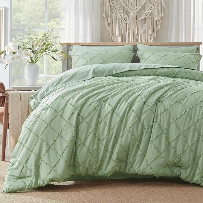Boho Sage Green Comforter Set with Jacquard Tufted Design,Farmhouse Bedding Sets for All Seasons,Soft 7 Pieces King Bed in a Bag with Comforter,Flat Sheet,Fitted Sheet,Pillowcases & Shams - LeafyLoom
