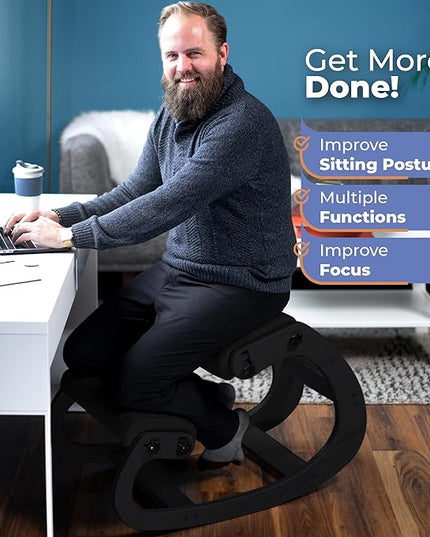 Ergonomic Kneeling Chair - Adjustable Rocking Posture Wooden Office Chair for Back Pain Relief - Kneeling Stool and Angled Chair for Home (Casual, Black) - LeafyLoom