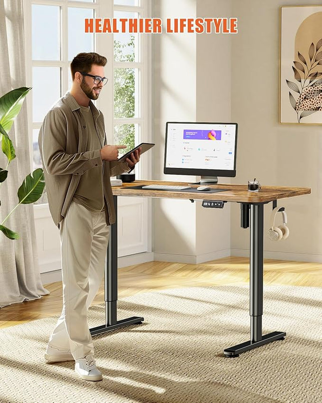 Electric Standing Desk Adjustable Height Sit Stand Desk, 48" x 24" Stand Up Desk, Low Noise Computer Desk, Home Office Desk with Whole-Piece Board, Memory Function & Child Lock - LeafyLoom