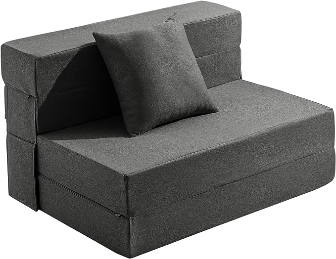 Twin Size Folding Sofa Bed - 4 in 1 Sleeper Chair with Pillow - High Density Memory Foam Fold Out Couch with Washable Modern Linen Cover for Apartment (Dark Grey) - LeafyLoom