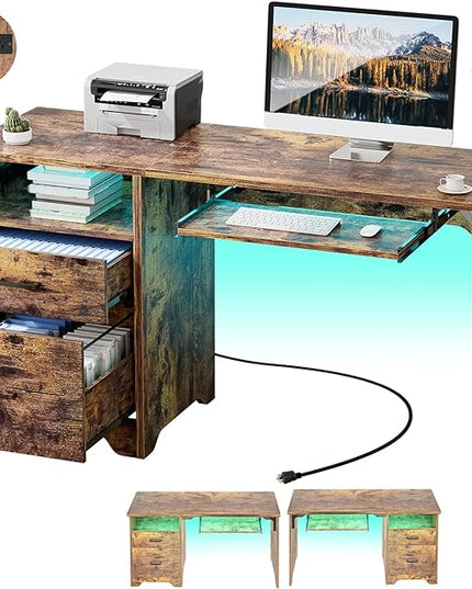 Office Desk with File Cabinet, 55 Inch Reversible Computer Desk with Smart LED Light and Power Outlet, Sturdy Gaming Desk with Keyboard Tray & Storage Drawers, Easy to Assemble, Rustic Brown - LeafyLoom