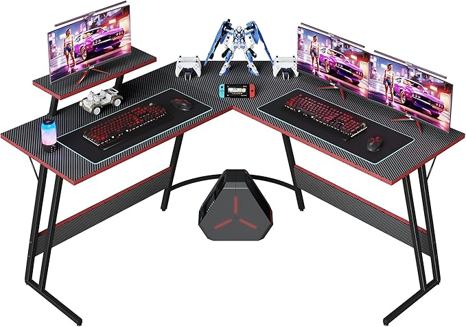 L Shaped Gaming Desk, 51 Inch Computer Corner Table with Large Monitor Stand & Carbon Fiber Surface for Home Office Study Writing Workstation, Black - LeafyLoom