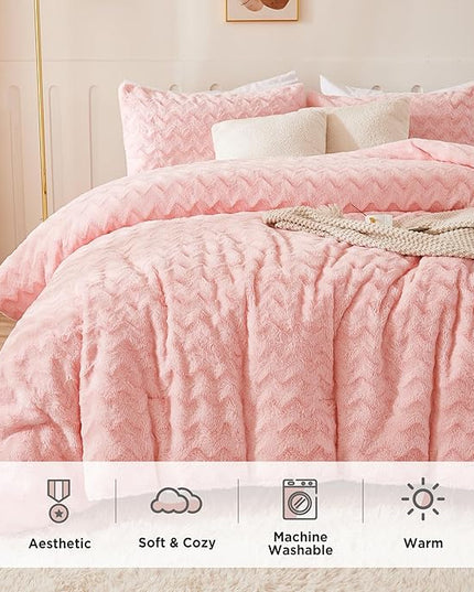 Andency Pink Fleece Comforter Set Queen Size, 3 Pieces Plush Shaggy Faux Fur Bed Comforter Set for Queen Bed, Fuzzy Fluffy Warm Bedding Set for Women Girls - LeafyLoom