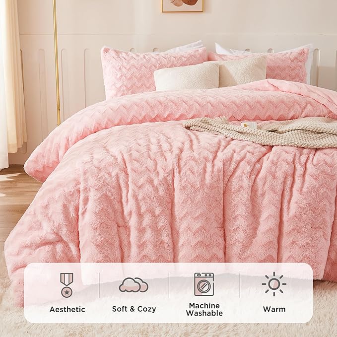 Andency Pink Fleece Comforter Set Full, 3 Pieces Fuzzy Shaggy Plush Sherpa Bedding Comforter Set Women Girls, Solid Fluffy Faux Fur Bed Comforter Set for Winter - LeafyLoom