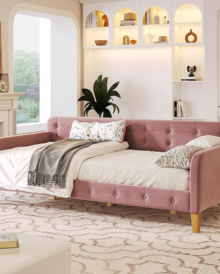 Twin Size Velvet Upholstered Dayed with 4 Support Legs,Multifunction Solid Wood Bed Frame,W/Backrest and Armrests,No Box Spring Needed,for Living Room Dormitory Apartment,Pink - LeafyLoom