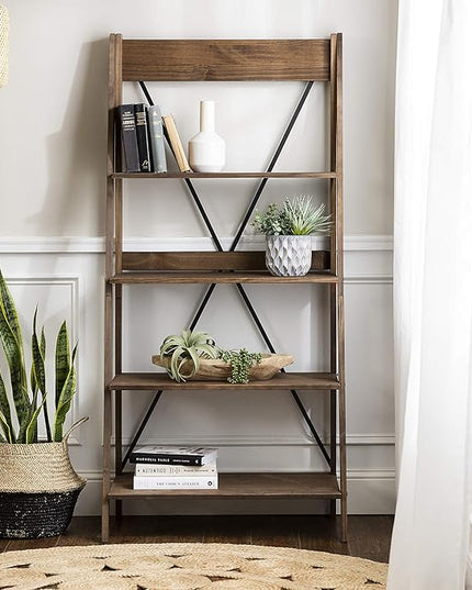 Walker Edison X Back Modern Farmhouse Wood Bookcase Bookshelf Home Office Living Room Storage, 4 Shelves, Brown - LeafyLoom
