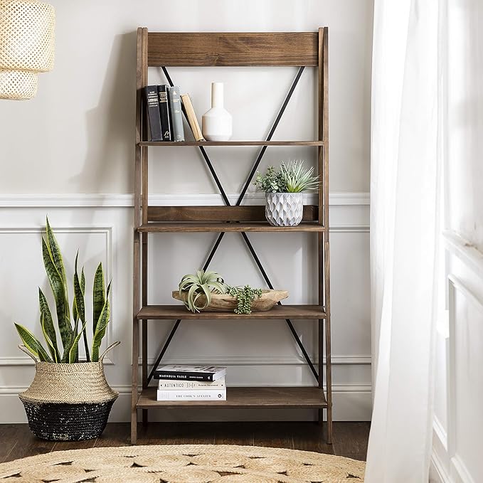 Walker Edison X Back Modern Farmhouse Wood Bookcase Bookshelf Home Office Living Room Storage, 4 Shelves, Brown - LeafyLoom