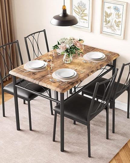 Dining Table Set, 5 Piece Dining Table set for 4, Rectangle Kitchen Table Set with 4 Upholstered Chairs, Dining Table Set for Small Space, Apartment, Retro Brown - LeafyLoom
