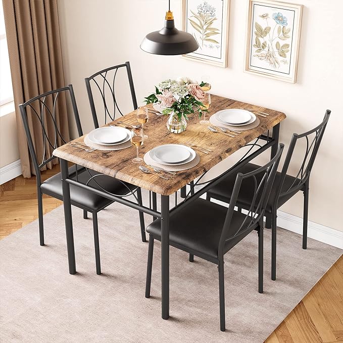 Dining Table Set, 5 Piece Dining Table set for 4, Rectangle Kitchen Table Set with 4 Upholstered Chairs, Dining Table Set for Small Space, Apartment, Retro Brown - LeafyLoom