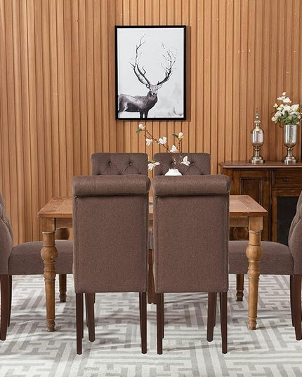 COLAMY Button Tufted Dining Chairs Set of 4, Parsons Upholstered Fabric Dining Room Chairs Kitchen Chairs with Wood Legs and Padded Seat, Brown - LeafyLoom