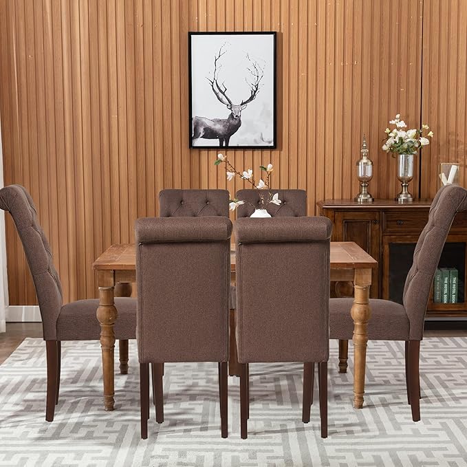 COLAMY Button Tufted Dining Chairs Set of 4, Parsons Upholstered Fabric Dining Room Chairs Kitchen Chairs with Wood Legs and Padded Seat, Brown - LeafyLoom